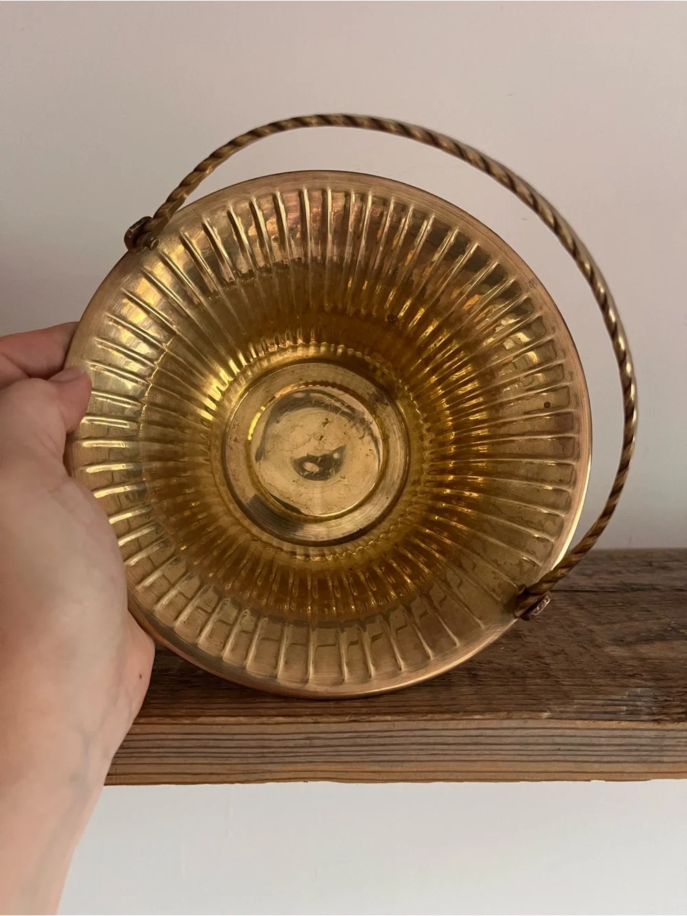 Brass Fluted Basket with Twisted Handle - Gold Tone